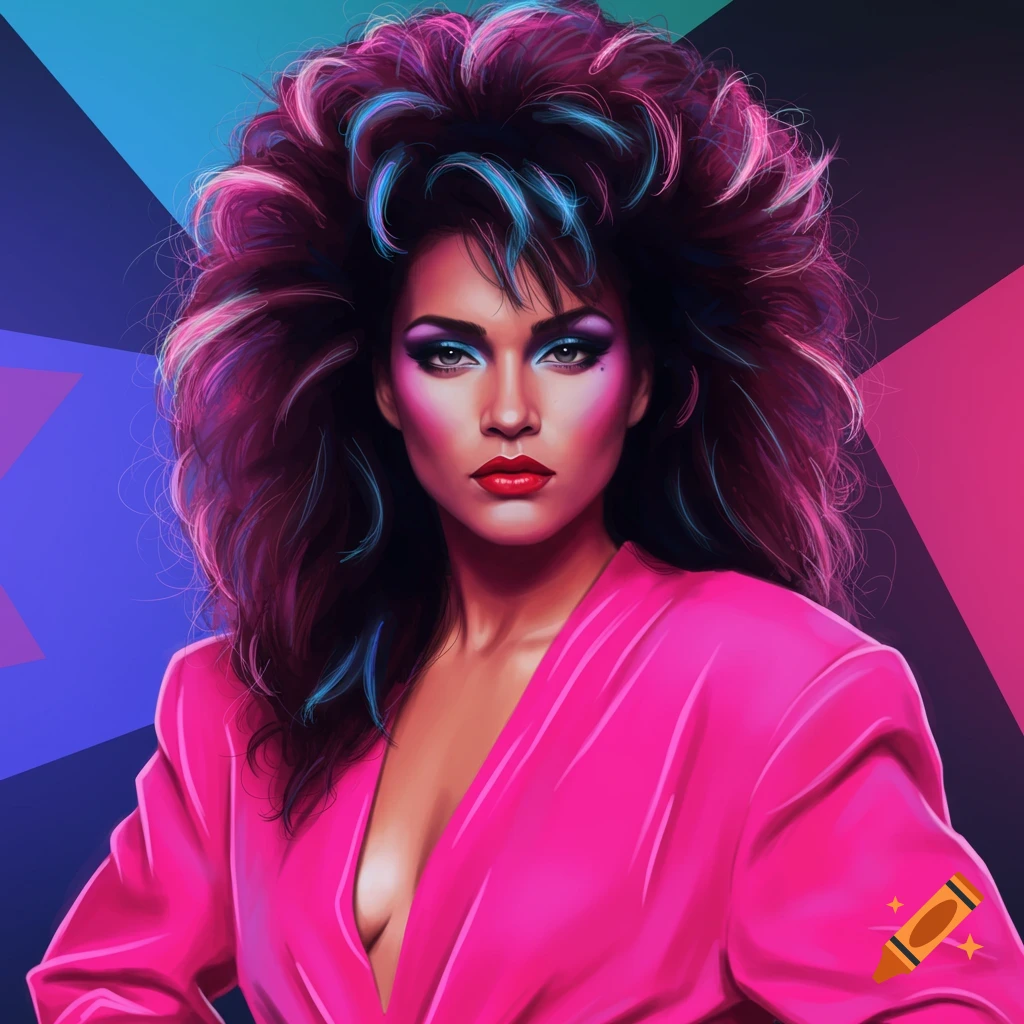 Painting of a woman with big 80s hair and makeup in a pink jacket against a geometric background.
