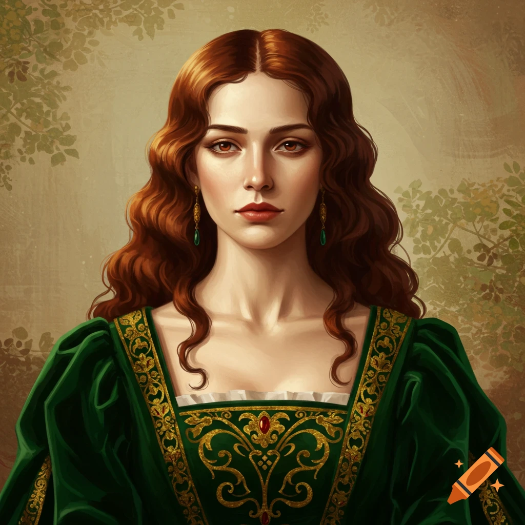 A woman with long red hair wearing a green and gold renaissance dress.