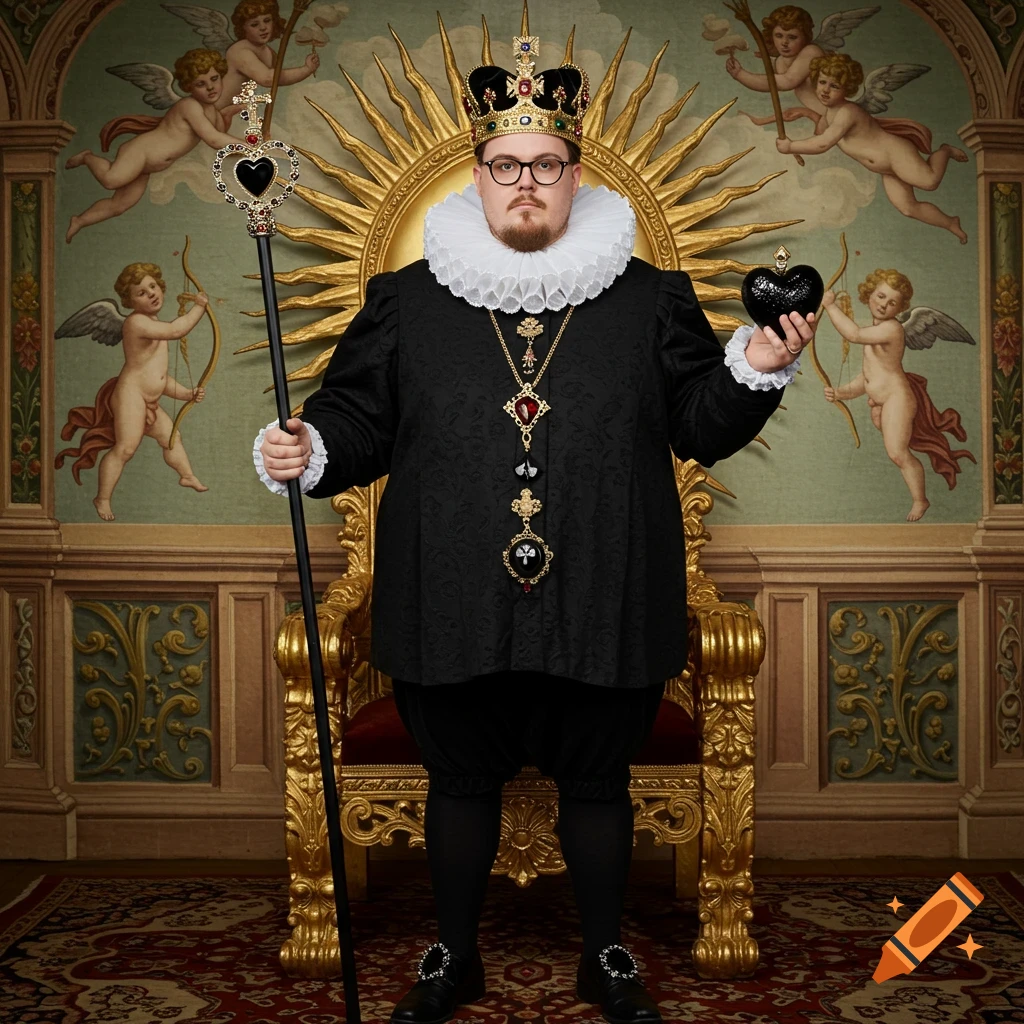 Photorealistic portrait of a man in black Elizabethan royal attire holding a scepter and orb, standing by a golden throne against a wall with cupid murals.
