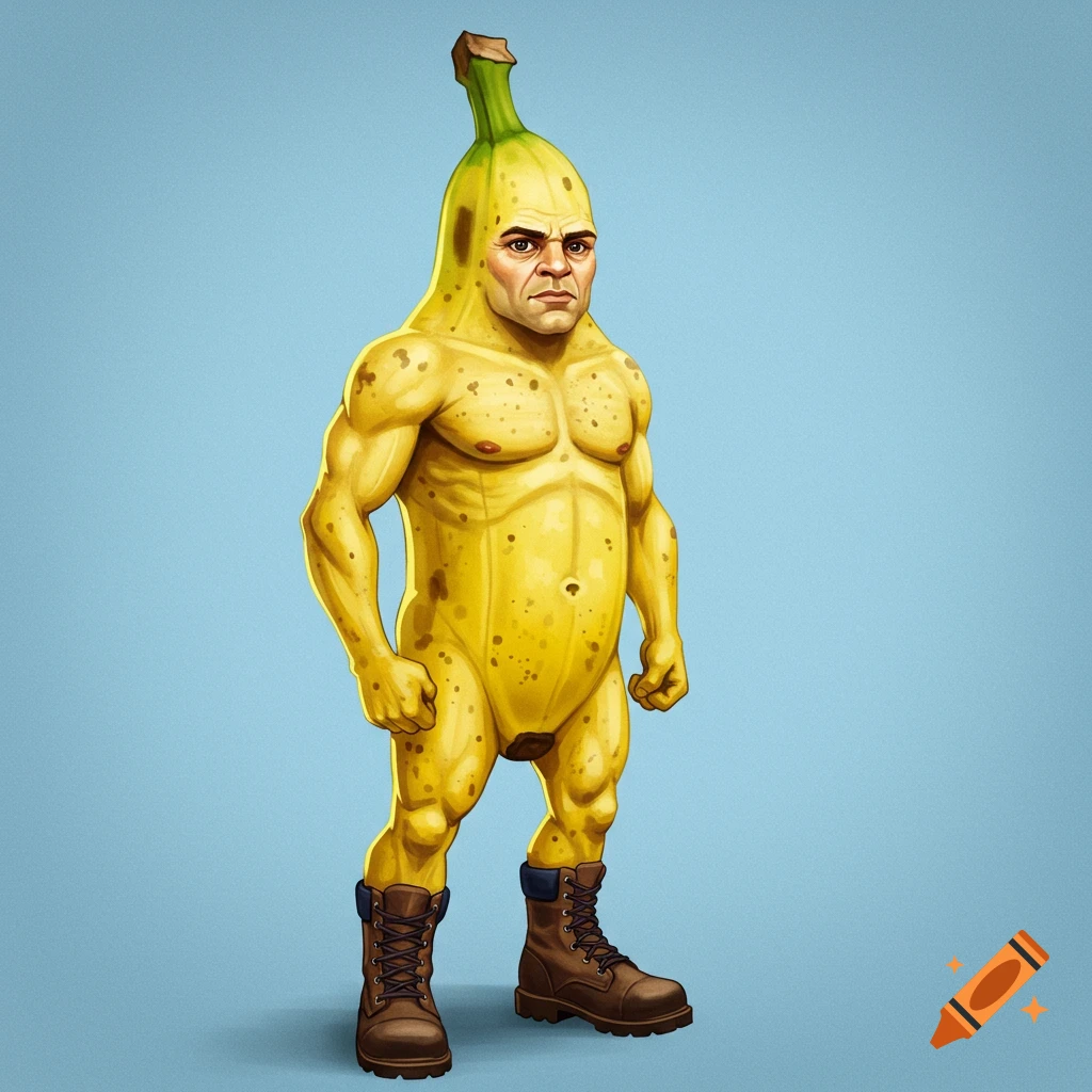 A muscular man wearing a full-body banana costume and brown work boots stands in a painting.
