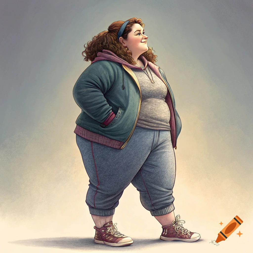 A smiling person with curly hair, wearing a blue jacket and grey sweatpants, looks up. Illustration style.