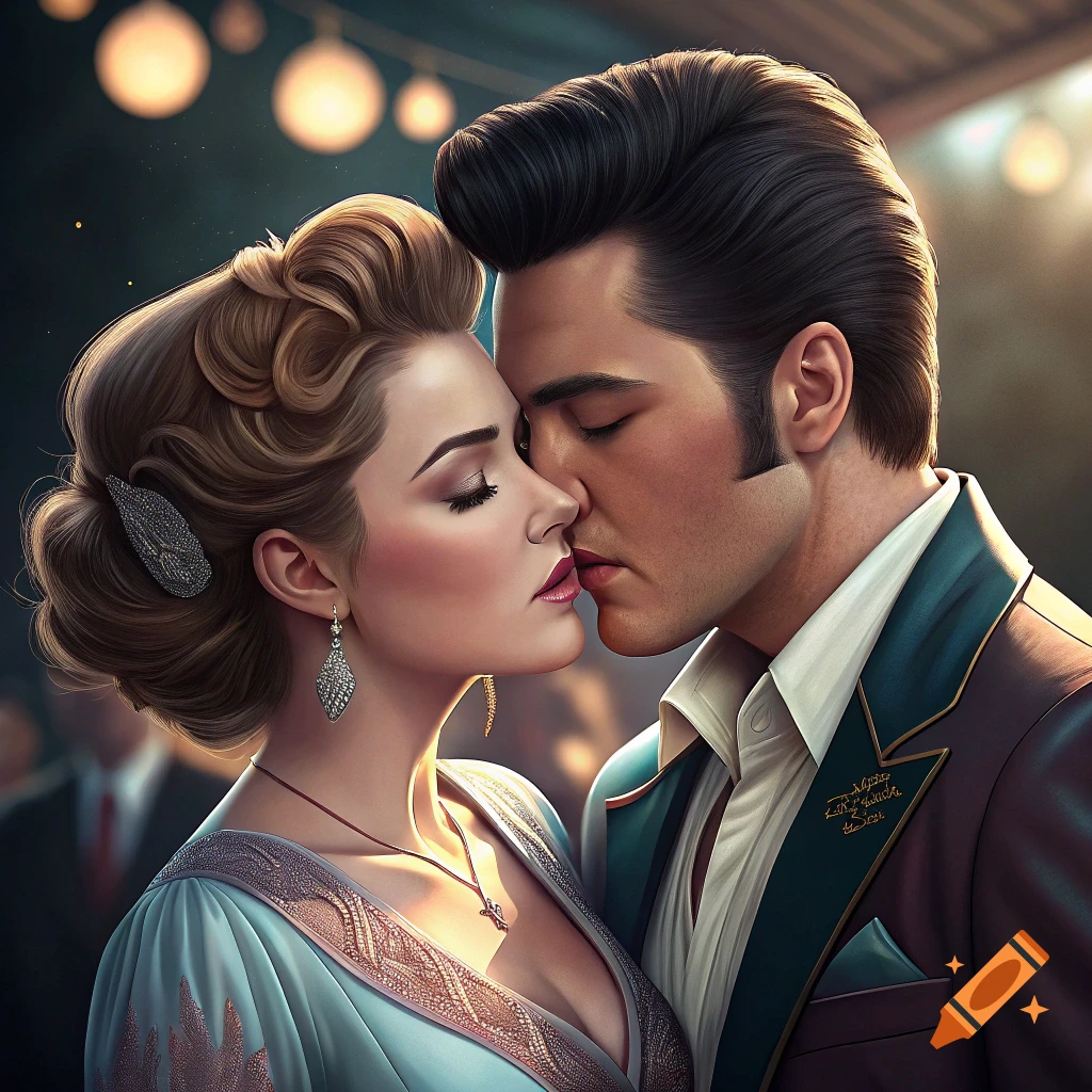 Close up portrait of a man and woman about to kiss in formal wear.