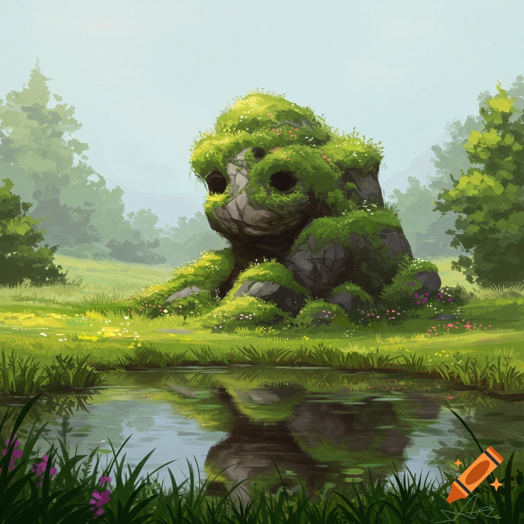 A large, moss-covered rock resembling a creature sits next to a pond in a sunny field with trees.