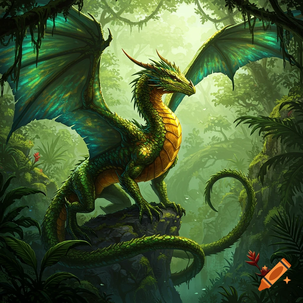 A green and gold dragon perched on a rock in a lush jungle.