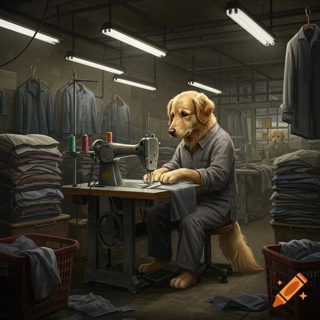 A golden retriever dog sews at a machine in a dim workshop with clothes and another dog.