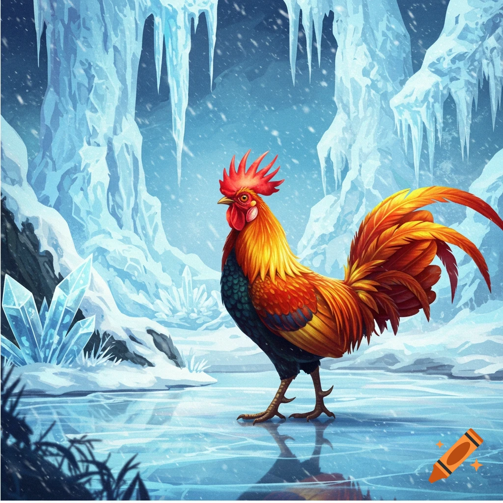 A colorful rooster standing on ice in a snowy, icy cave.
