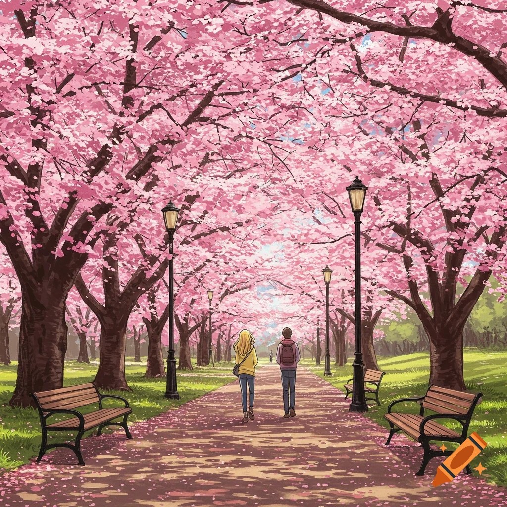 Anime illustration of two people walking through a park path lined with pink cherry blossom trees and benches.