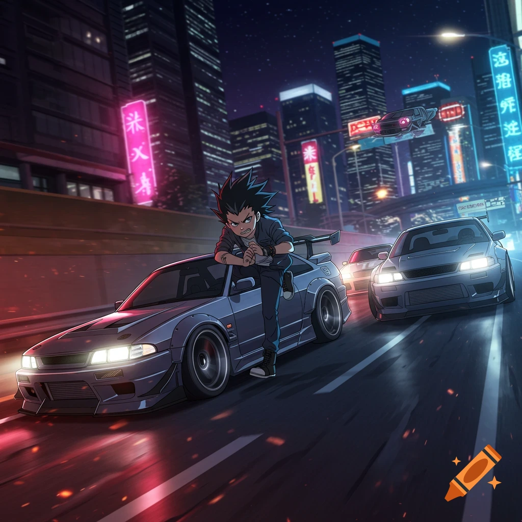 Anime character with a blue sports car in a city at night.