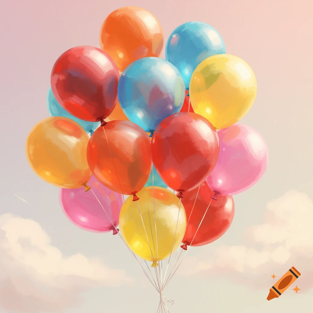 Colorful balloons floating in a cloudy sky.
