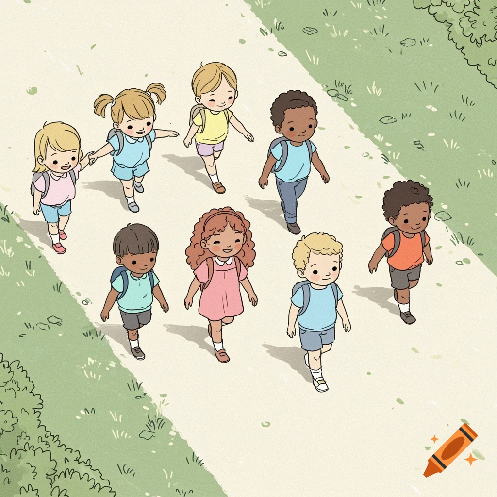 Line art illustration of diverse children walking together on a path in a park.