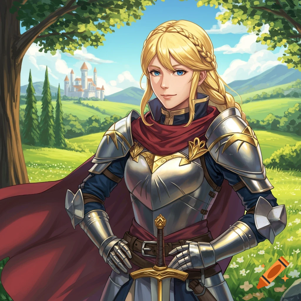 A female knight in armor stands in a grassy field with a castle in the background.