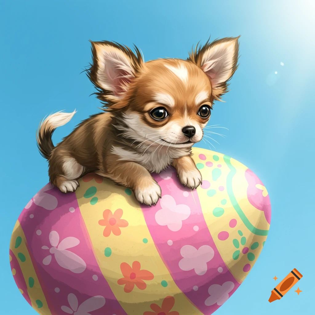 A cute chihuahua puppy sits on a colorful Easter egg against a blue sky.