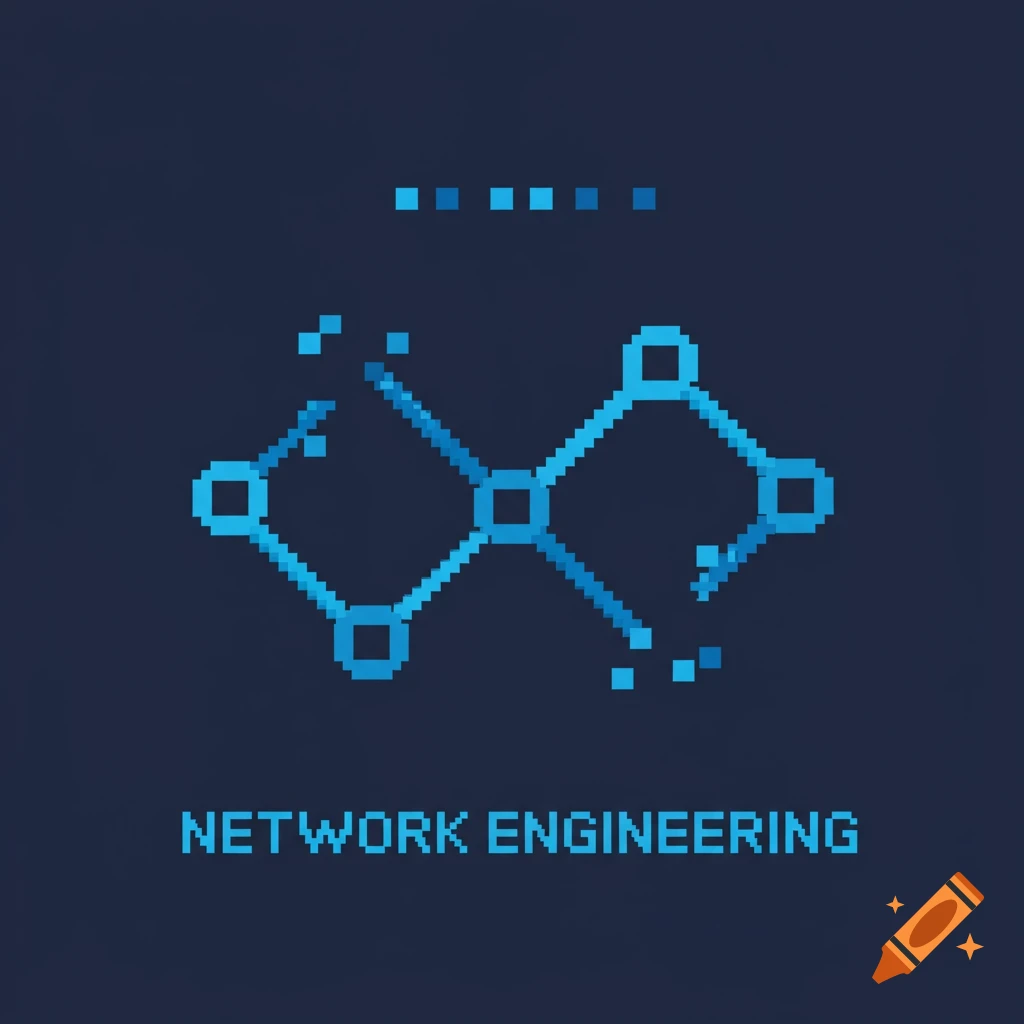A pixelated network diagram with nodes connected by lines, with the text "NETWORK ENGINEERING" below.