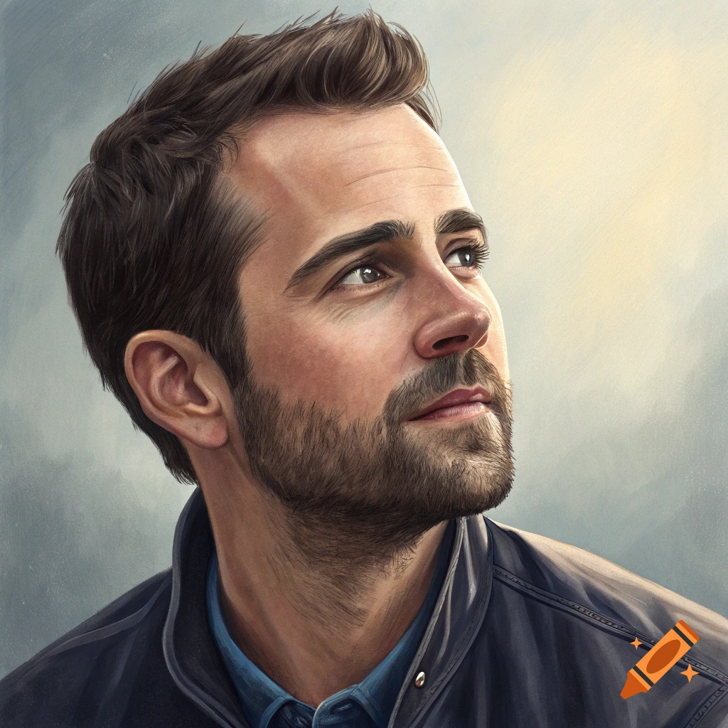 Close-up portrait of a man with a beard looking up, in a stylized painting.