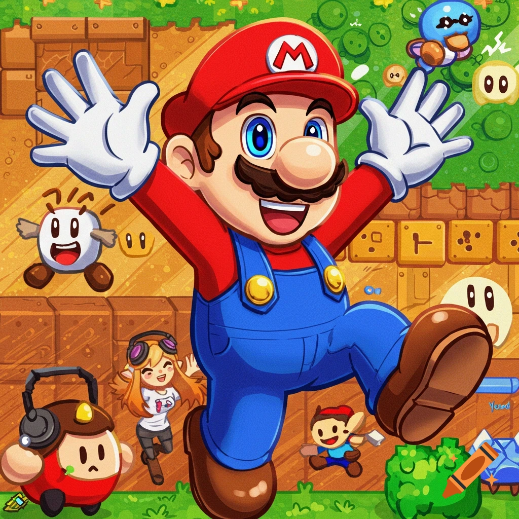 Mario jumps alongside SMG4 characters in a bright video game scene.