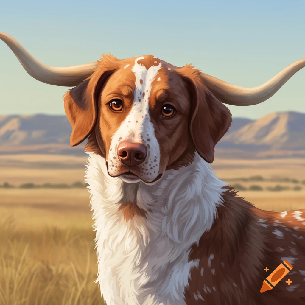 A dog with longhorn horns stands in a prairie landscape.