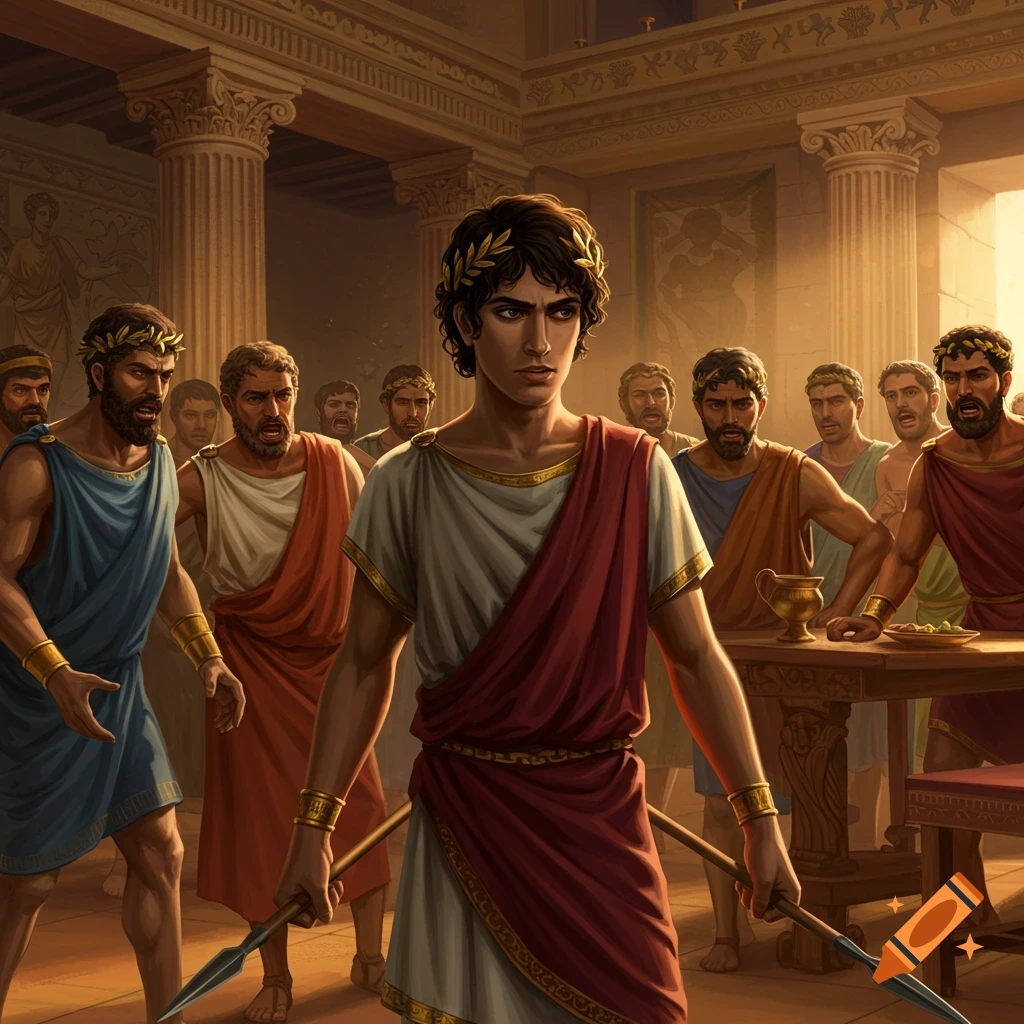 Young man confronts group of men in ancient Greek hall.