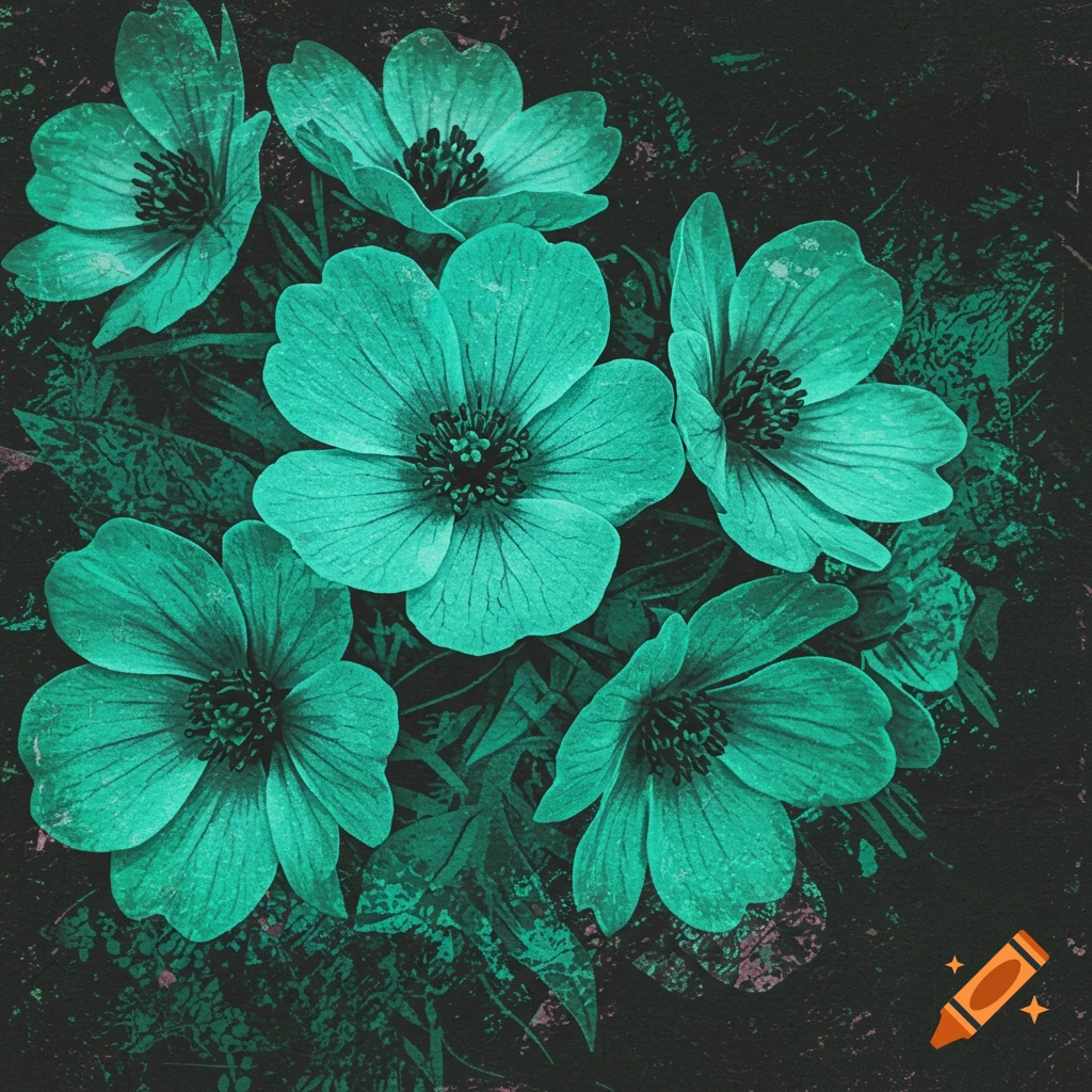 Image of vintage grungy teal flowers on a dark background.