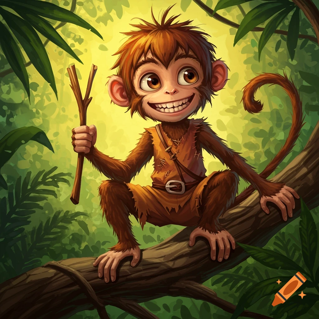Cartoon monkey boy sits on a tree branch in a jungle, holding a stick.