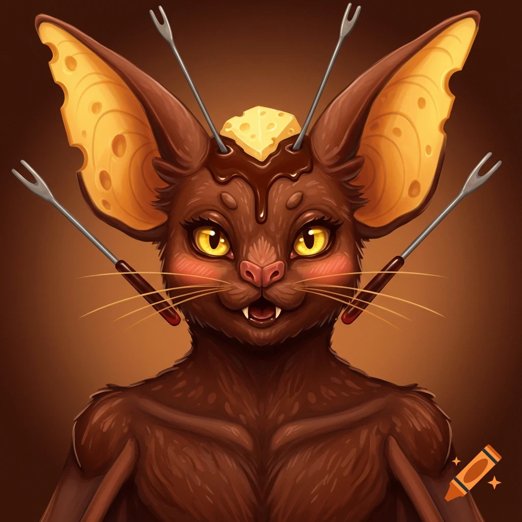An anthropomorphic bat with chocolate skin, cheese wings, and forks in its ears.