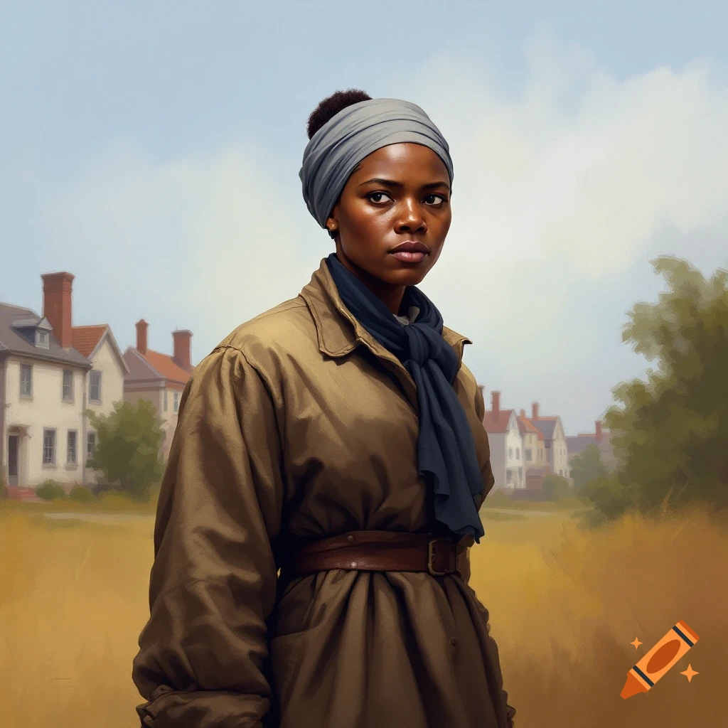 A woman wearing a headscarf, scarf, and long coat, standing in a field near houses.