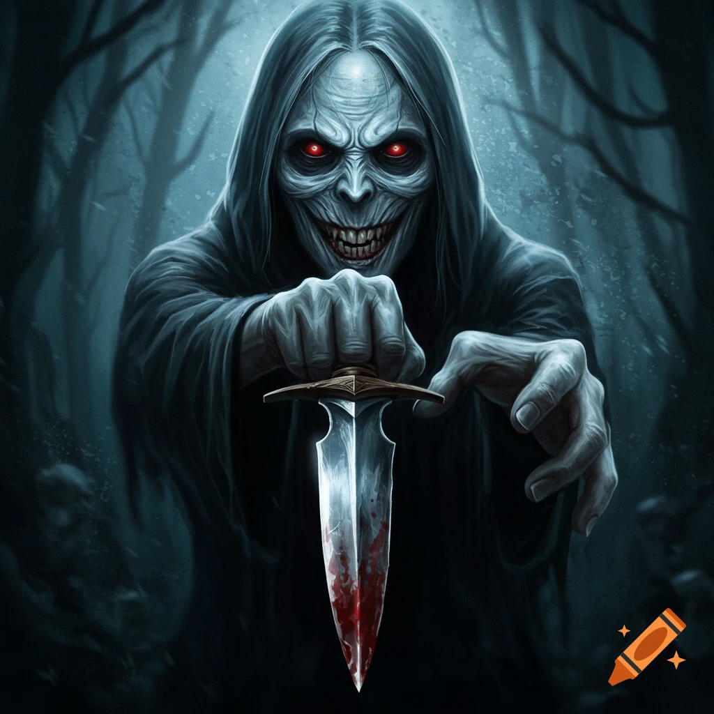 Close-up of a terrifying creature holding a bloody knife in a dark forest.