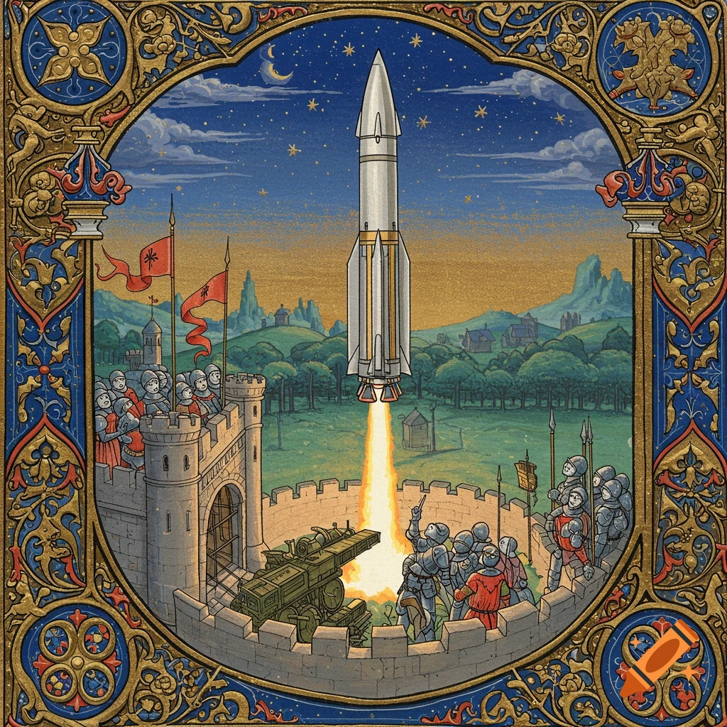 A rocket launches from a castle wall defended by knights, in the style of a medieval illuminated manuscript.