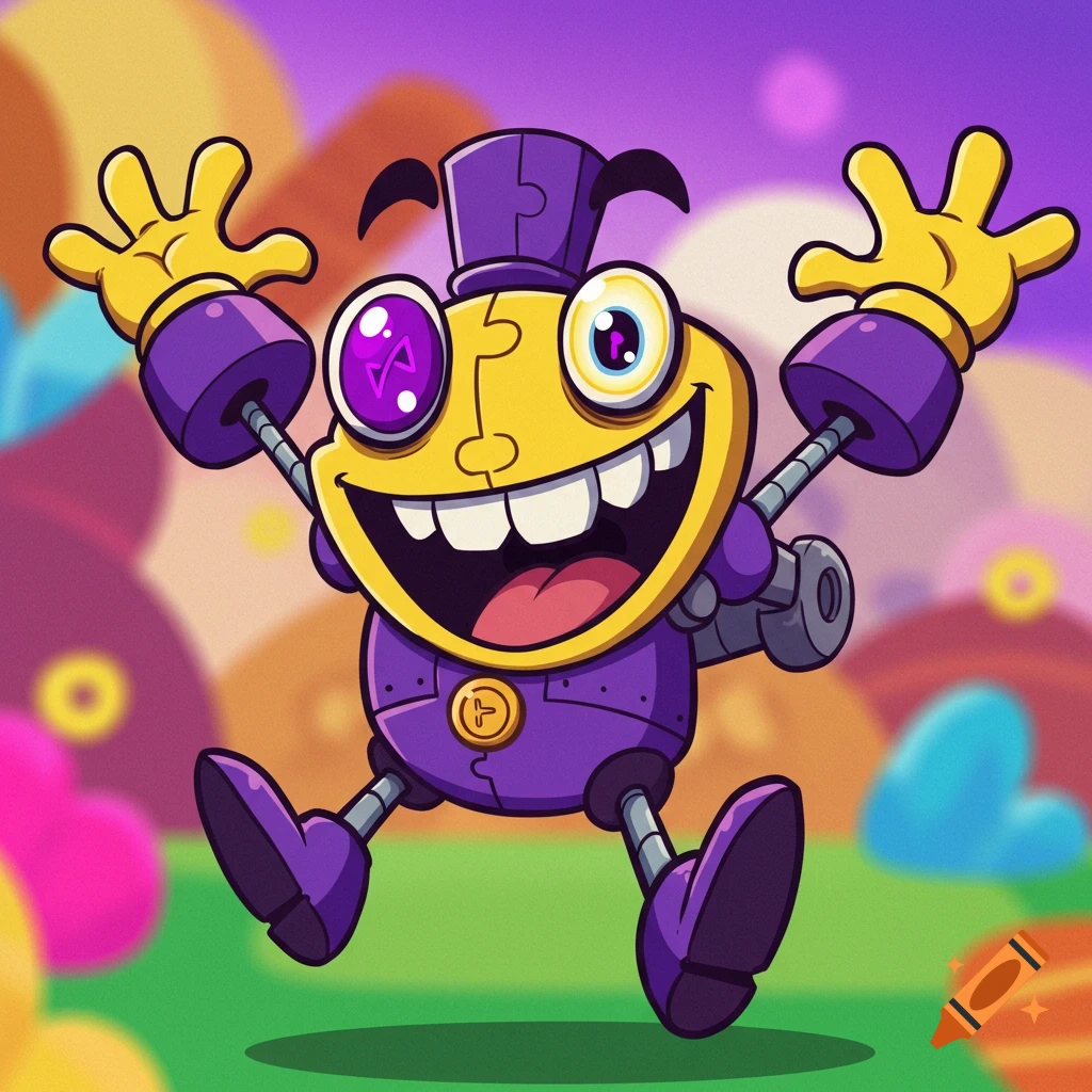 A cartoon robot character in a top hat jumps excitedly with a wide grin.