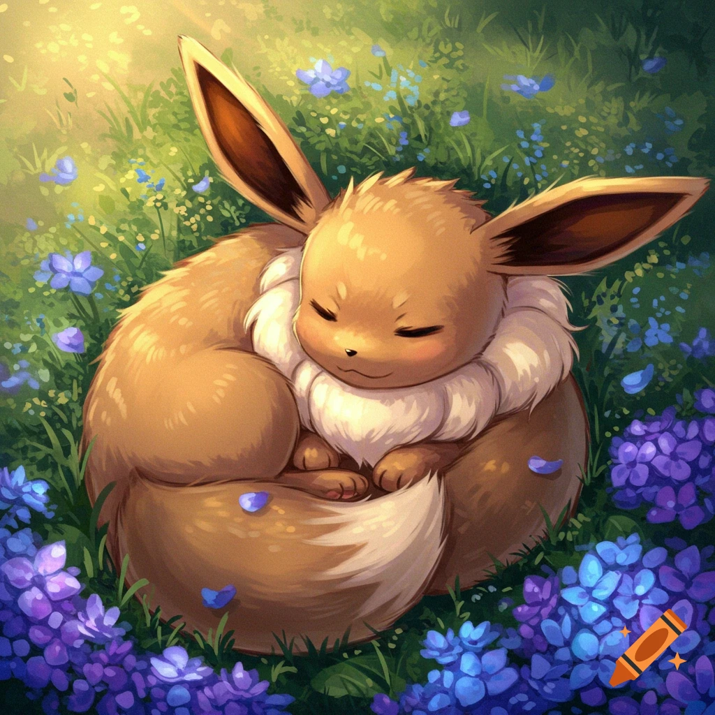 Eevee sleeping curled up in a field of purple and blue flowers.