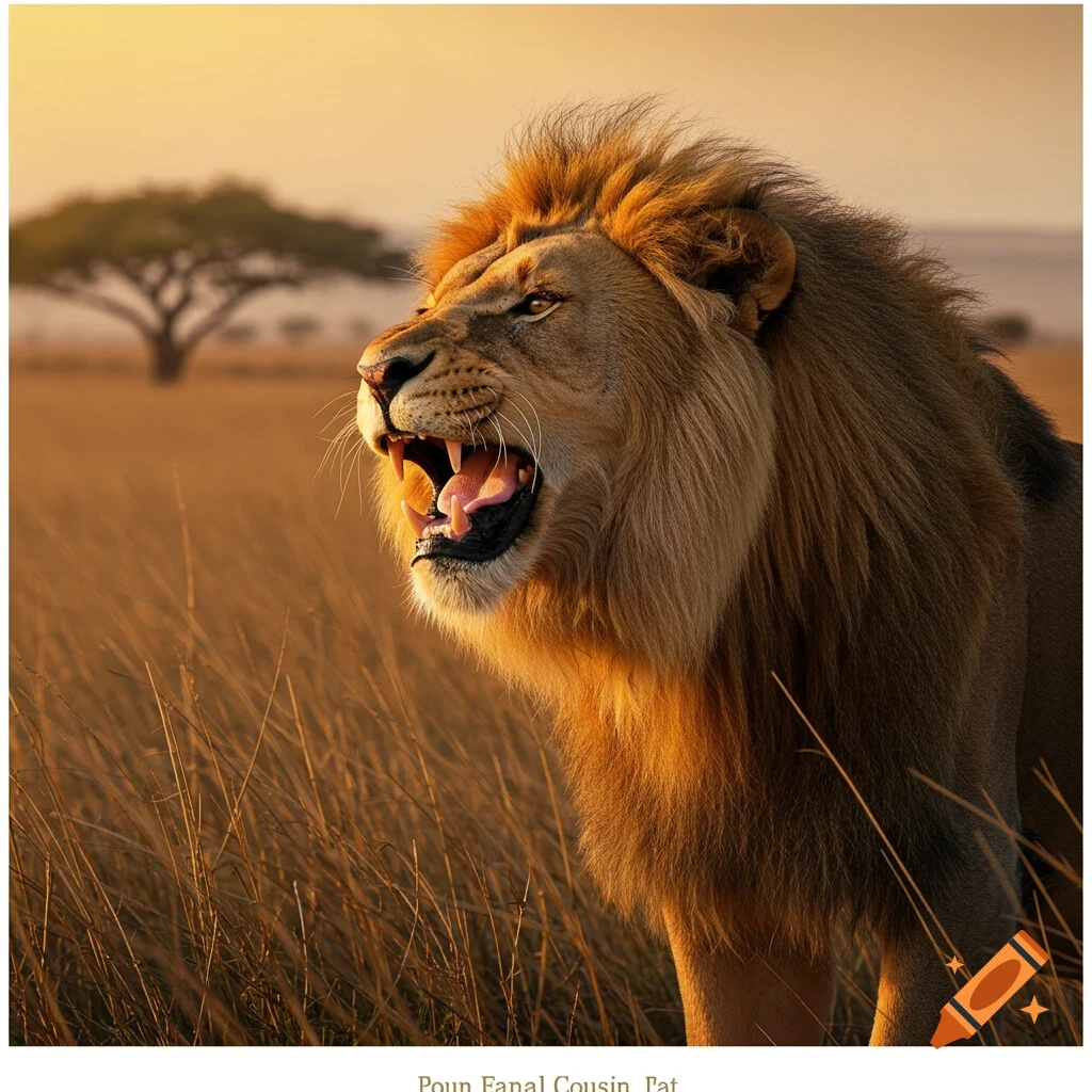 Photorealistic image of a roaring lion in a savanna at sunset.