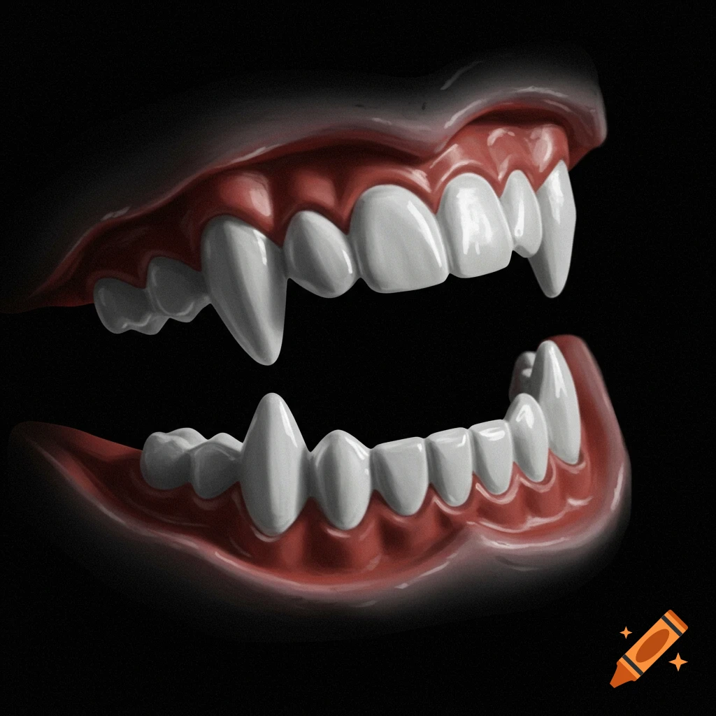 Open mouth with vampire fangs against a dark background.