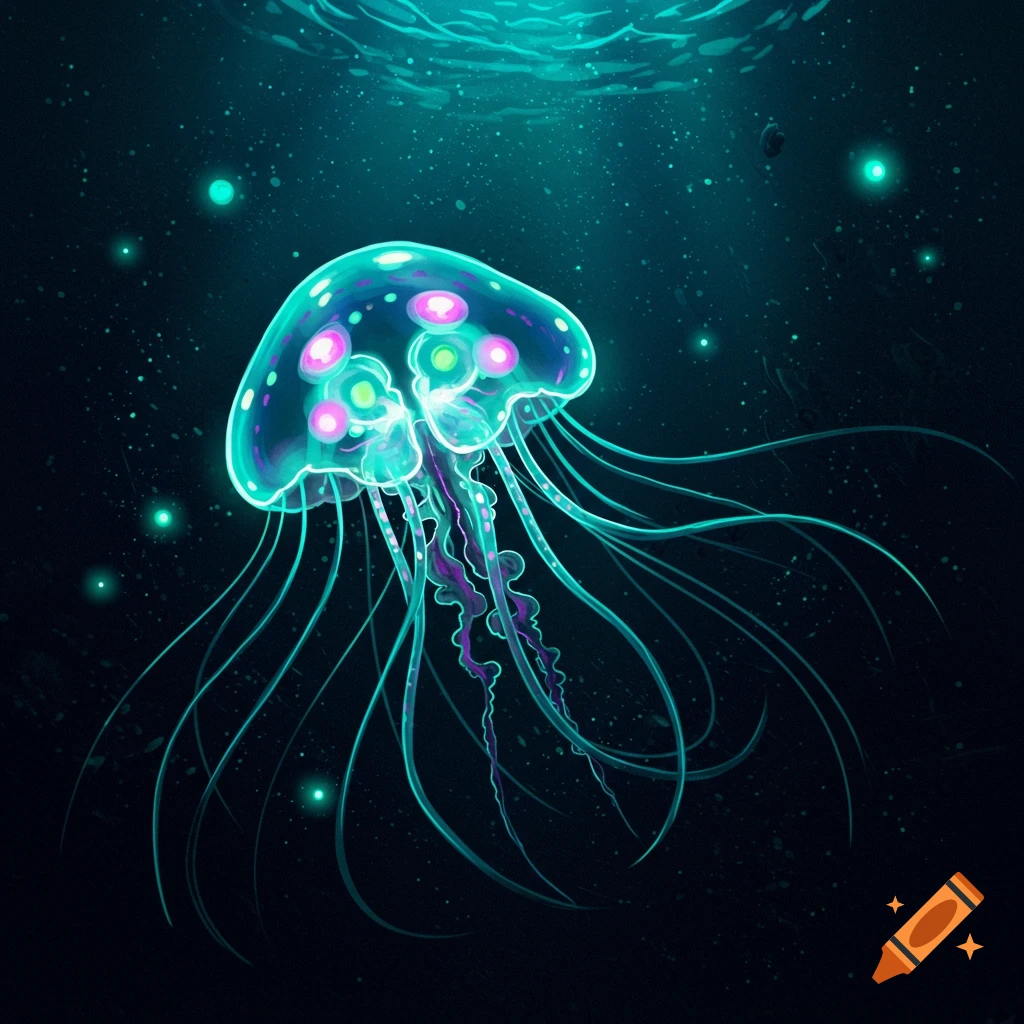 A glowing blue and pink jellyfish-like creature is in the dark deep sea.