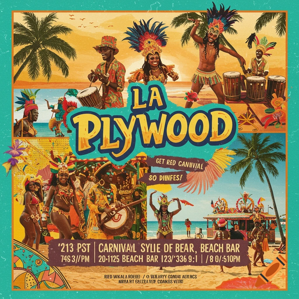 Vintage-style flyer for LA PLYWOOD carnival event on a beach with dancers and musicians in costume.