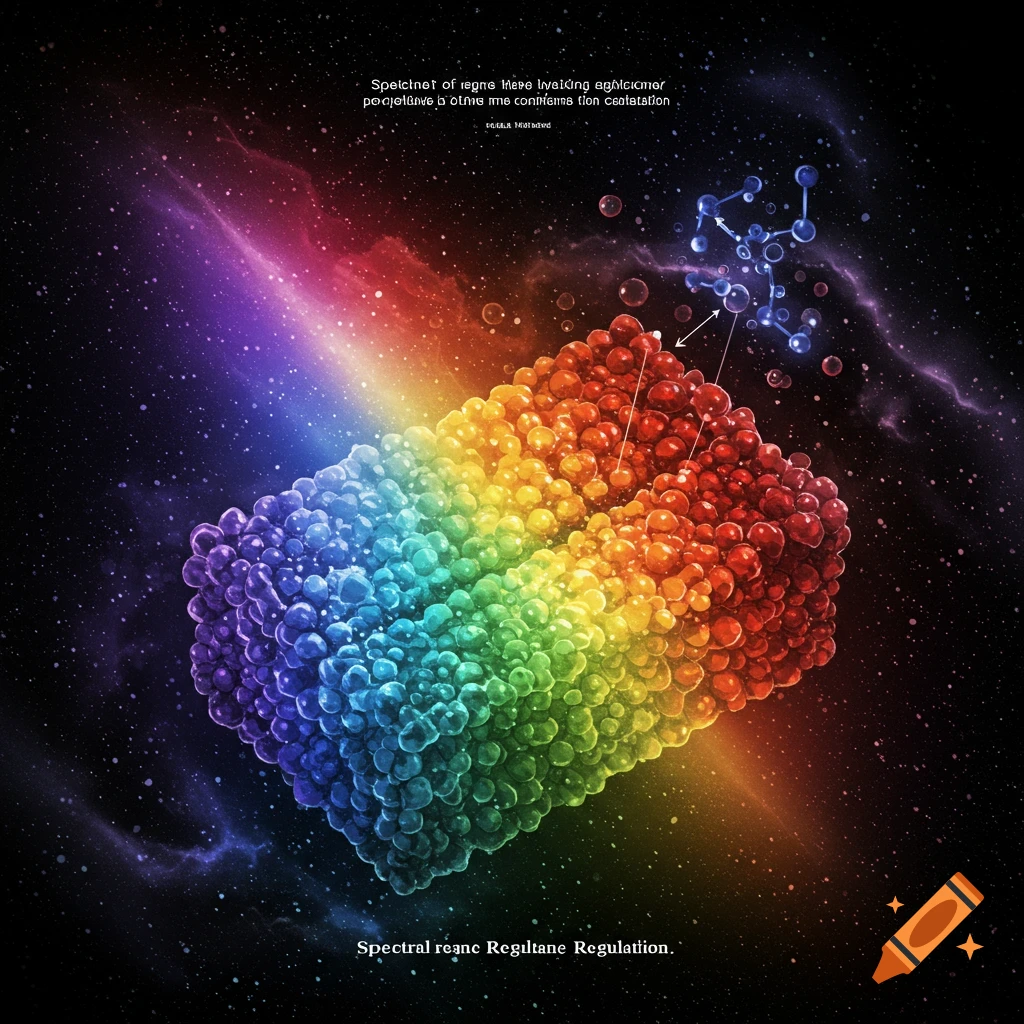An abstract image of a rainbow-colored crystalline structure and a molecule in space.