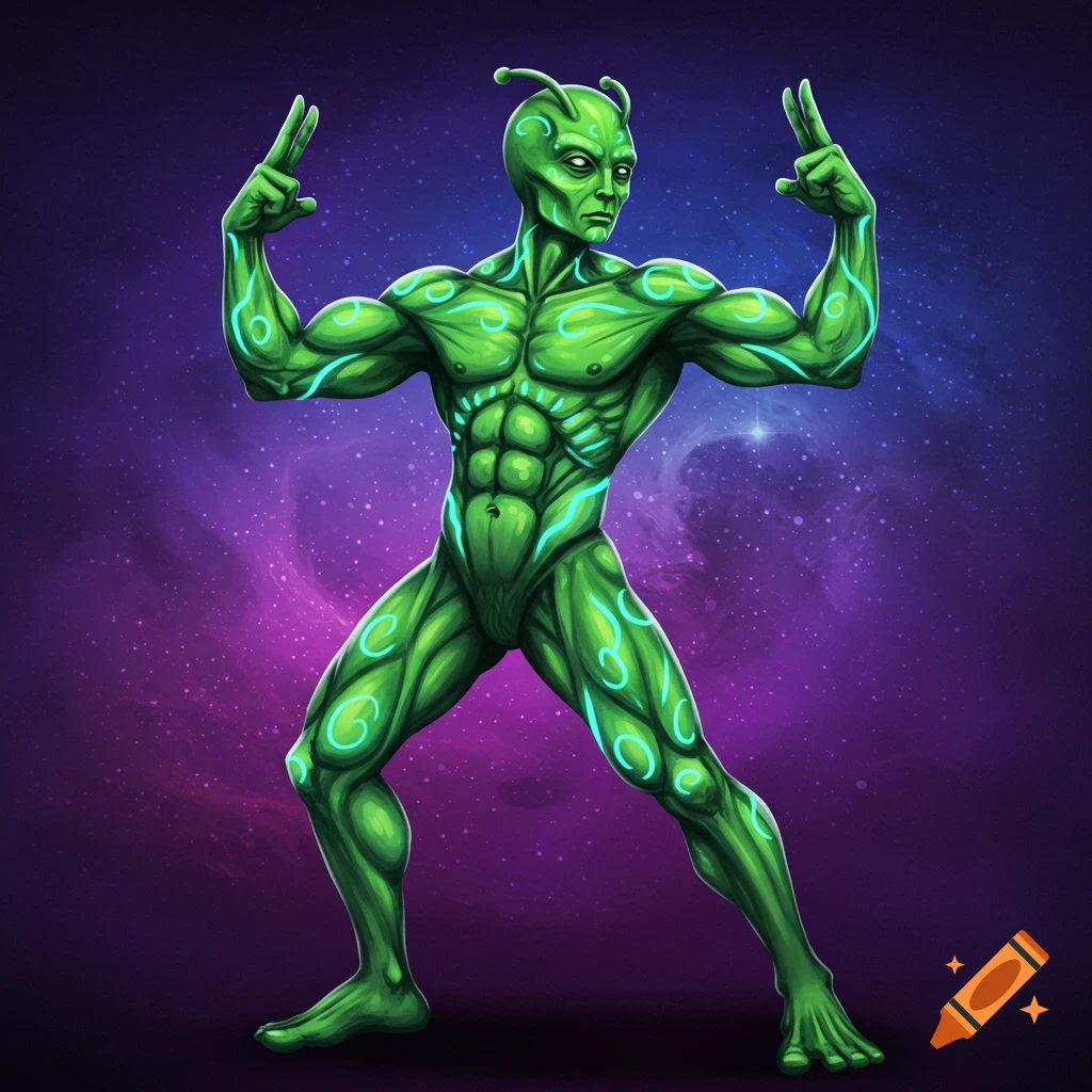 A muscular green alien with glowing patterns flexing its arms against a galaxy background.