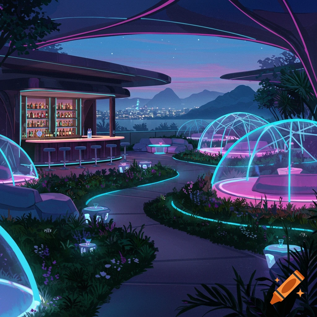 Outdoor bar overlooking a futuristic city at night with neon lights and dome seating.