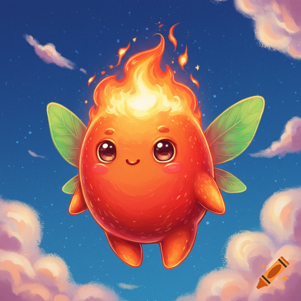 Cute orange fire sprite with leaf wings flying in a cloudy sky.