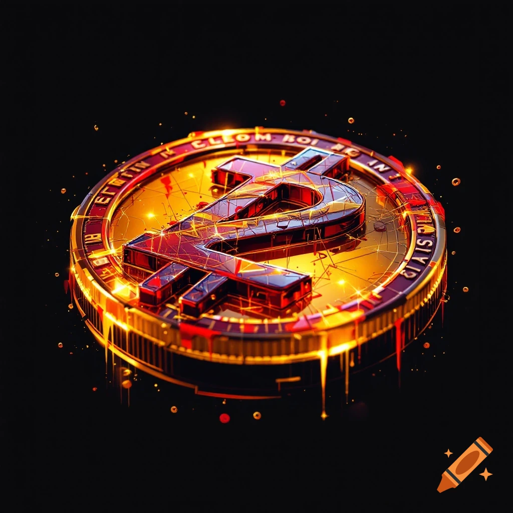 Digital art of a glowing golden coin with a red symbol and distorted text