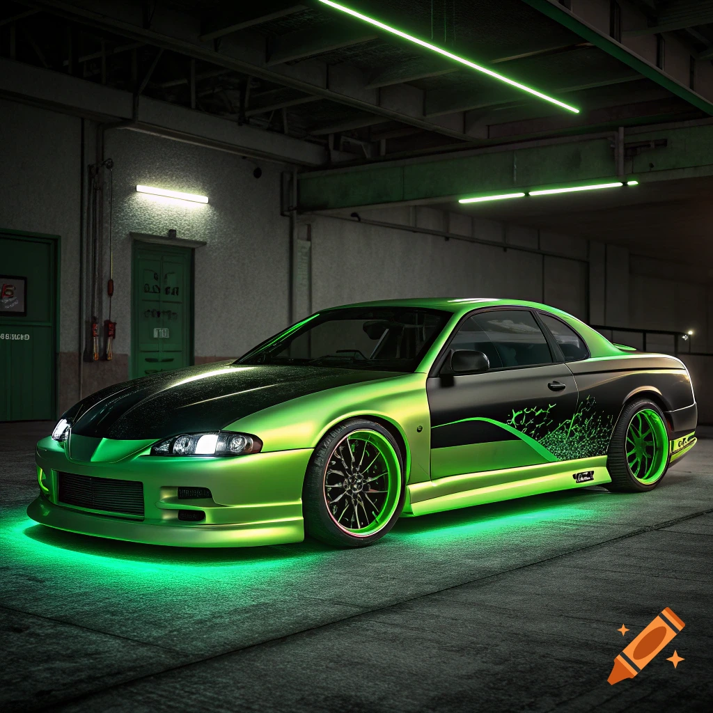 A green and black modified car with green underglow lighting parked in a garage.