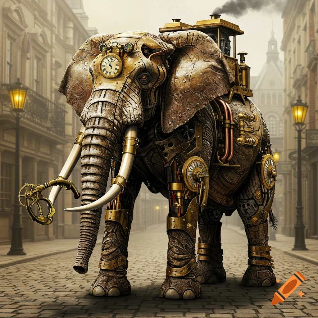 A detailed steampunk elephant stands on a cobblestone street in a city.