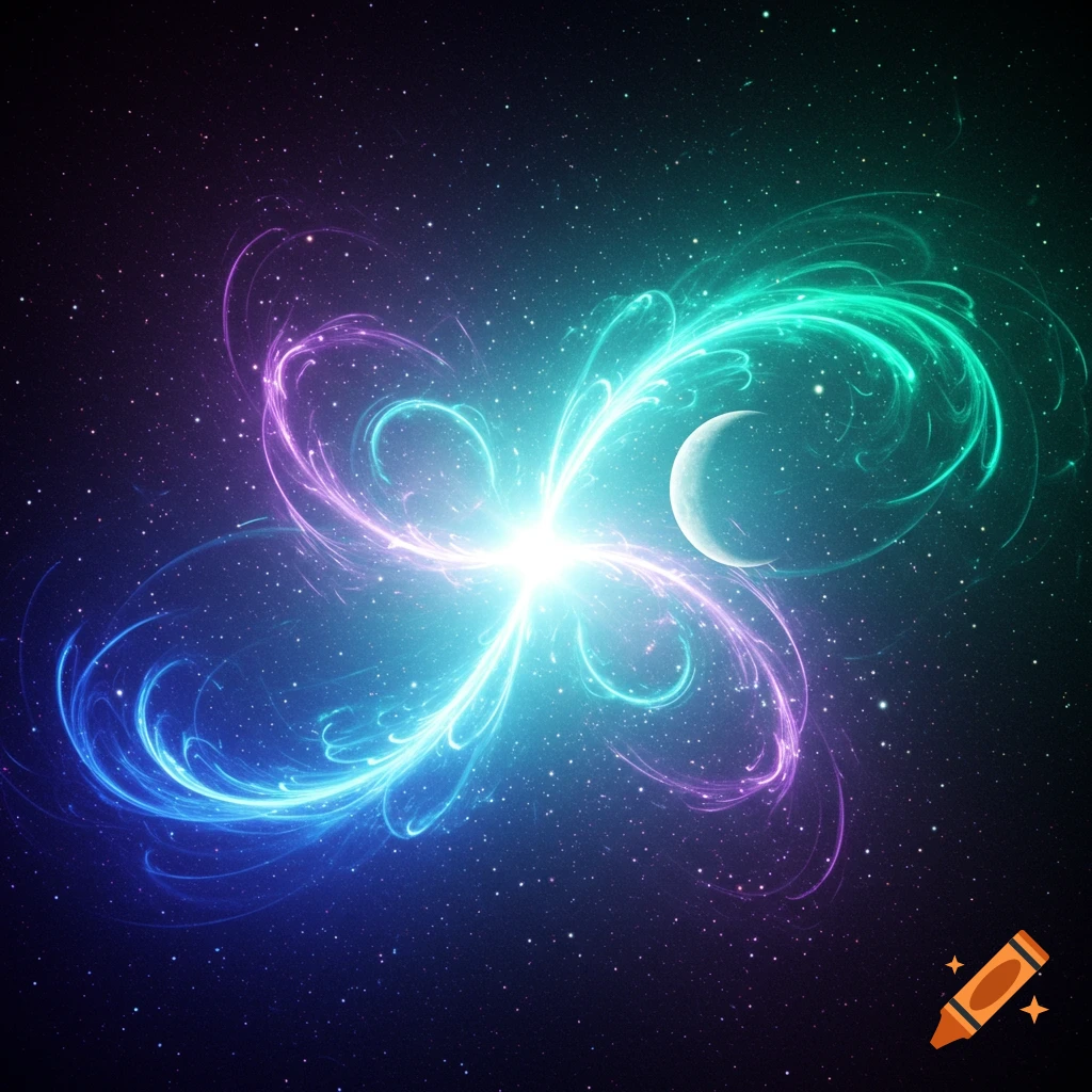 Swirling blue, purple, and green energy in space with stars and a crescent moon.