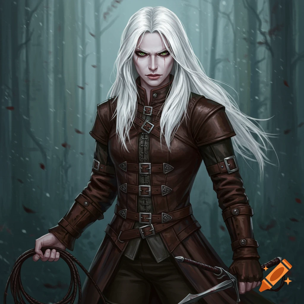 A woman with white hair and green eyes in a vampire hunter outfit, holding a whip and sword in a snowy forest.