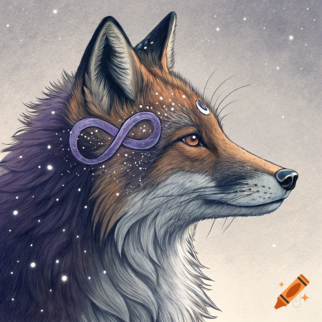 Stylized illustration of a fox head with a purple infinity sign, third eye, and stars