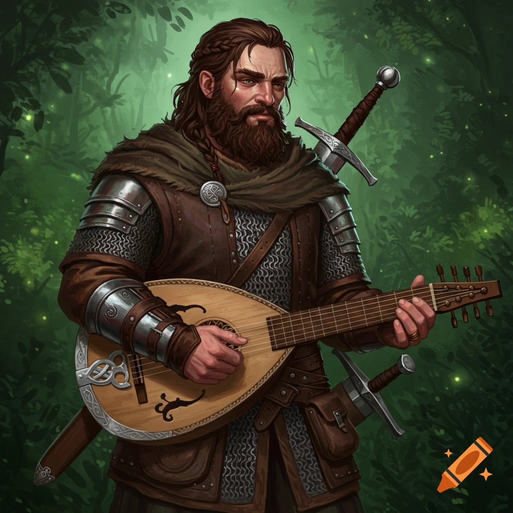 A fantasy bard in chain mail armor plays a lute in a forest.