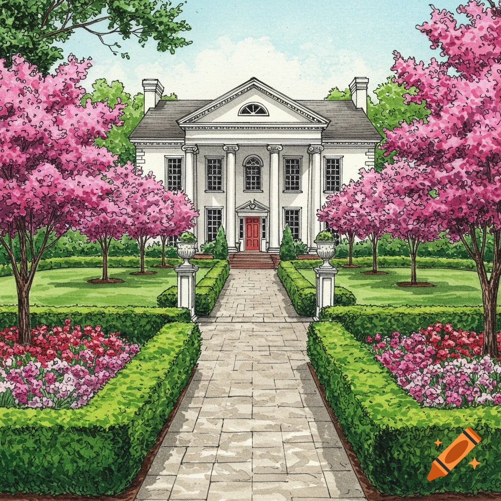 Architectural sketch of a white-columned house with a red door, manicured garden, flower beds, hedges, and pink flowering trees.