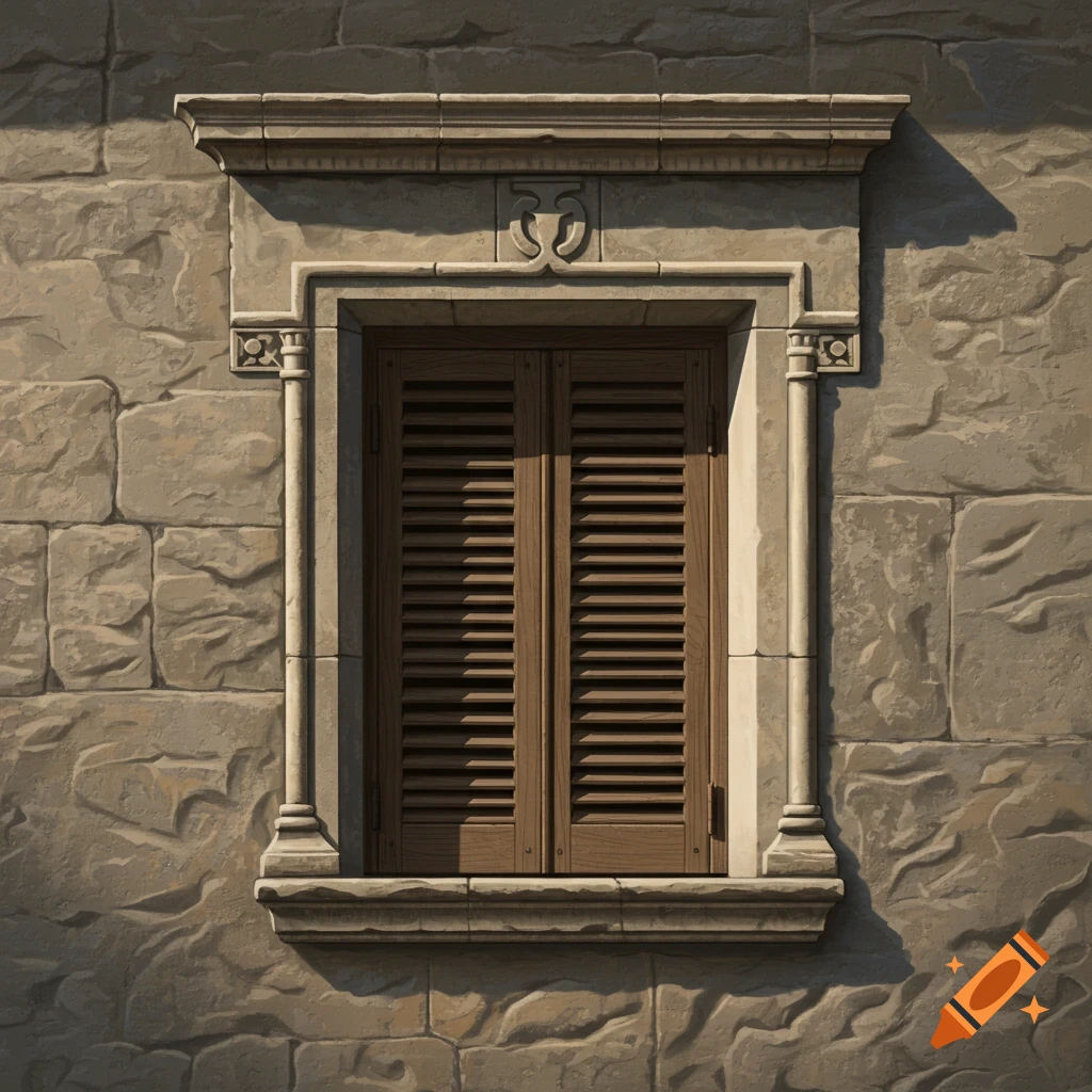 A window with closed wooden shutters set in a textured stone wall.