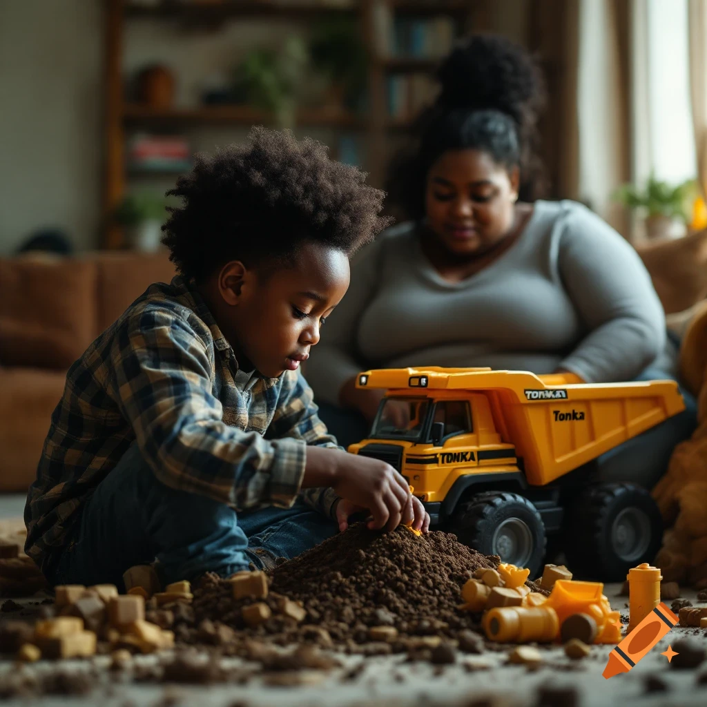 A Black boy plays with a yellow Tonka truck and dirt on the floor, with a woman sitting behind him.