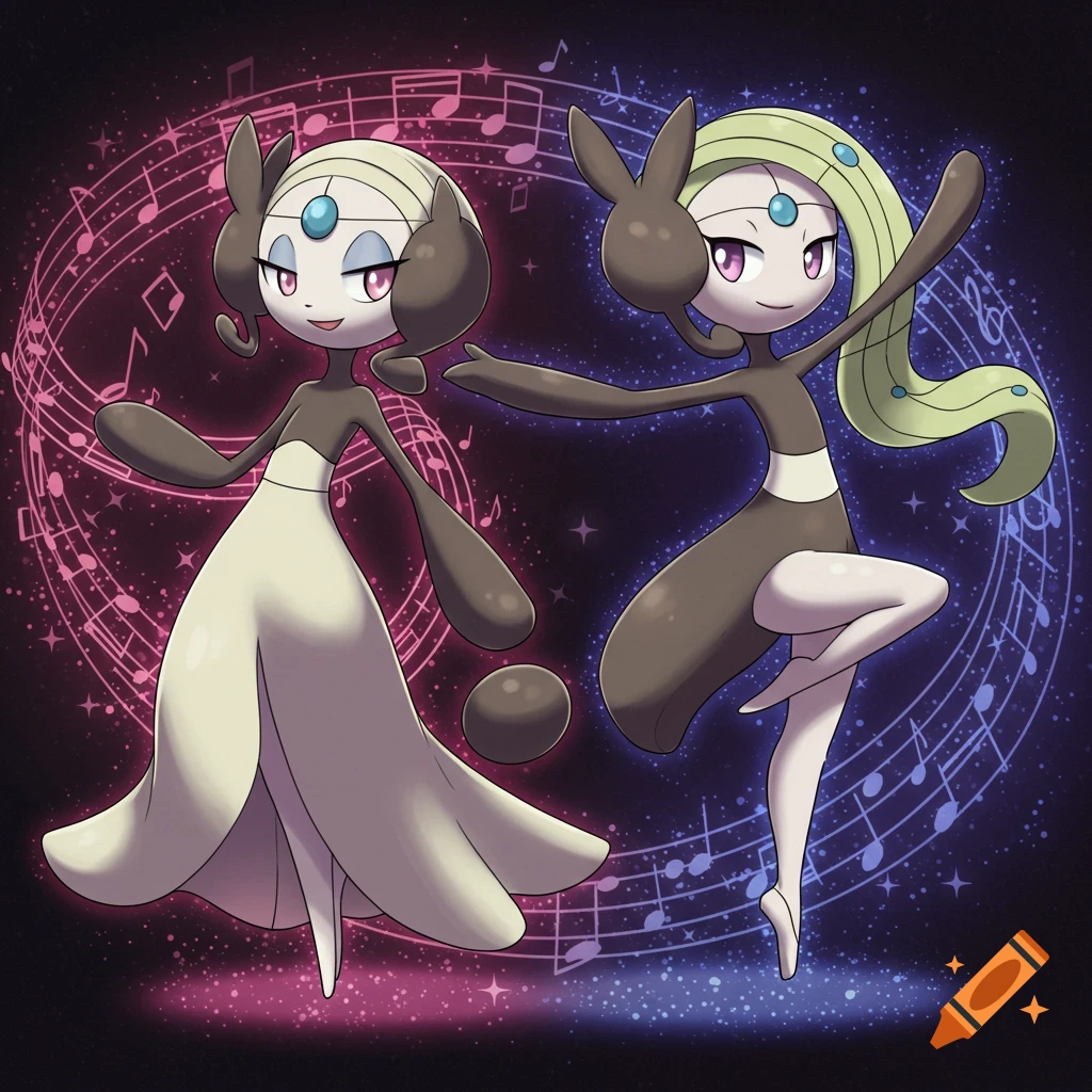 Two cartoon characters resembling Meloetta dancing surrounded by musical notes and pink and blue light effects.