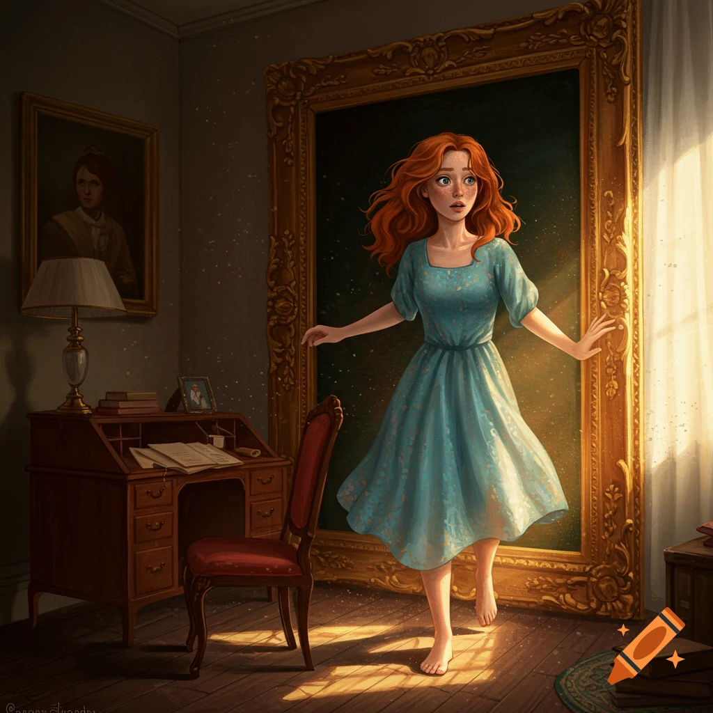 A young woman with red hair in a blue dress stepping out of a large ornate painting frame into a sunlit room.