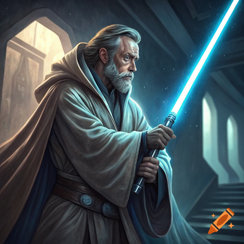An aged man with a beard in robes holds a glowing blue lightsaber in a dramatic interior.